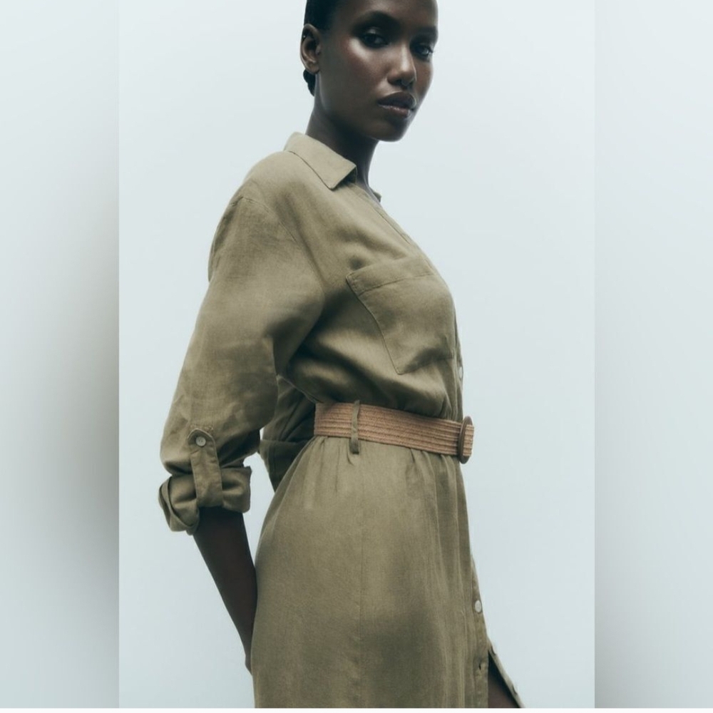 NWT ZARA Woman 100% Linen Belted Shirtdress | Olive Green | Size Small
